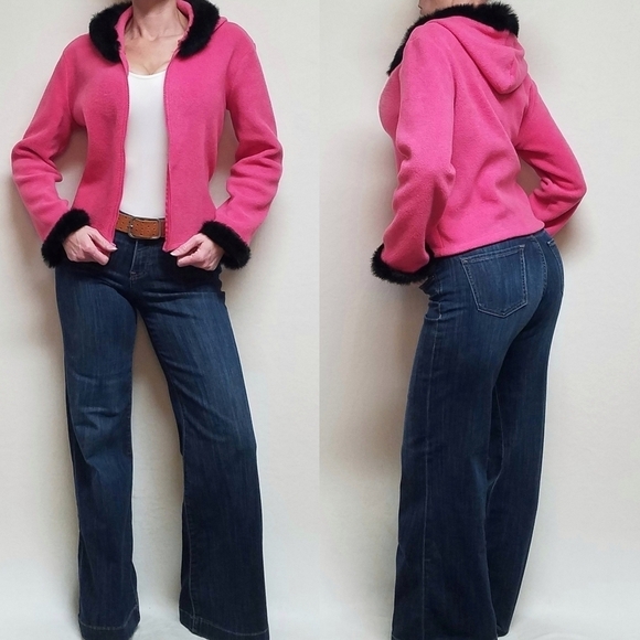 VINTAGE OOAK Upcycled Hot Pink Fleece Black Rabbit Fur Trim Full-zip Cardigan - Picture 2 of 16